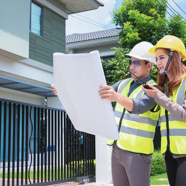 Asian engineers holding blueprint in their hands discussing plan with house inspectors to prepare for delivery to customers.