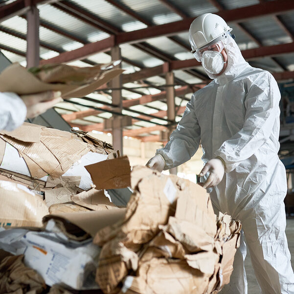 Portrait of  factory worker wearing biohazard suit sorting recyclable cardboard on waste processing plant, copy space